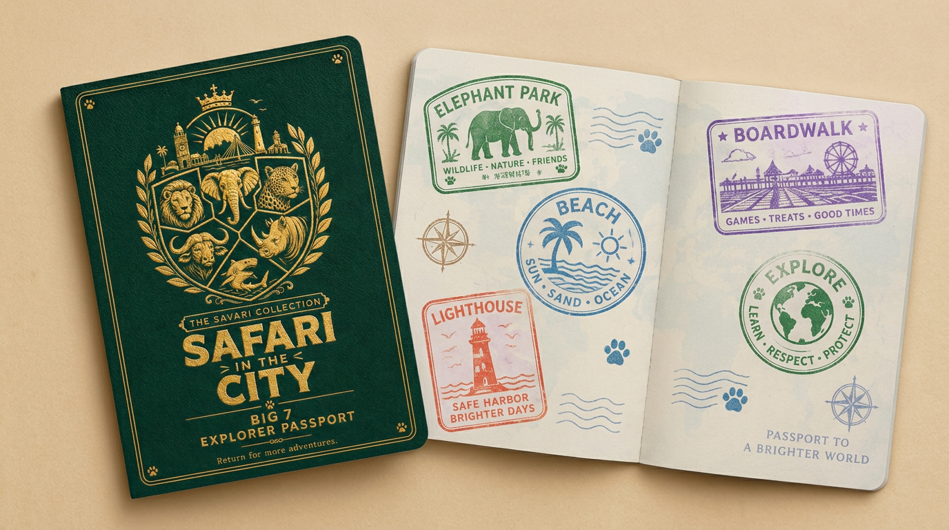 Green Savari Explorer Passport cover with gold emblem, open to stamped pages