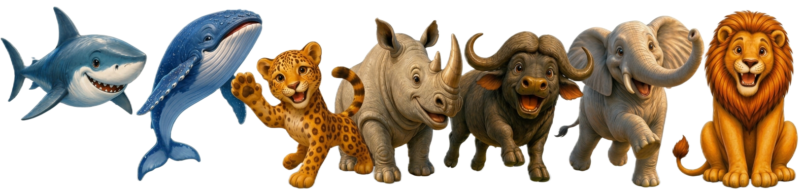 Lewis the Lion, Eve the Elephant, Rassie the Rhino, Bongi the Buffalo, Luna the Leopard, Willa the Whale and Siya the Shark standing together